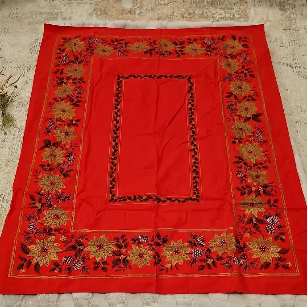 Vintage MCM Mid-Century Modern Festive Red Floral Rectangular Tablecloth EUC